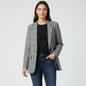 LOFT Boyfriend Blazer Single Button Plaid Suit Jacket Black White Sz 16